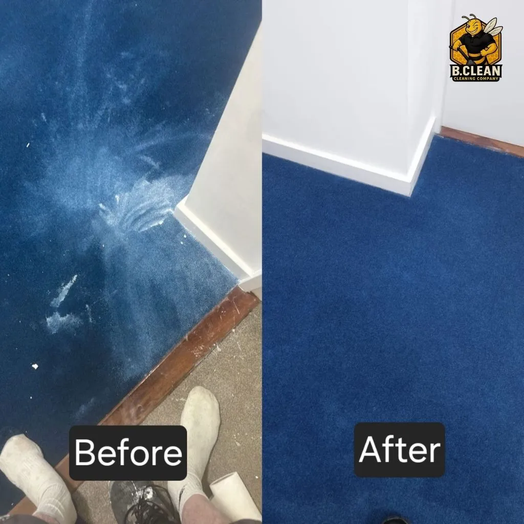Carpet cleaning in Kent by Channel 5 Filthy House SOS, Brennan Budden of B Clean Cleaning. The 'before' side shows a large white stain and paint spill on the carpet, while the 'after' side shows the carpet clean and pristine with a white baseboard.