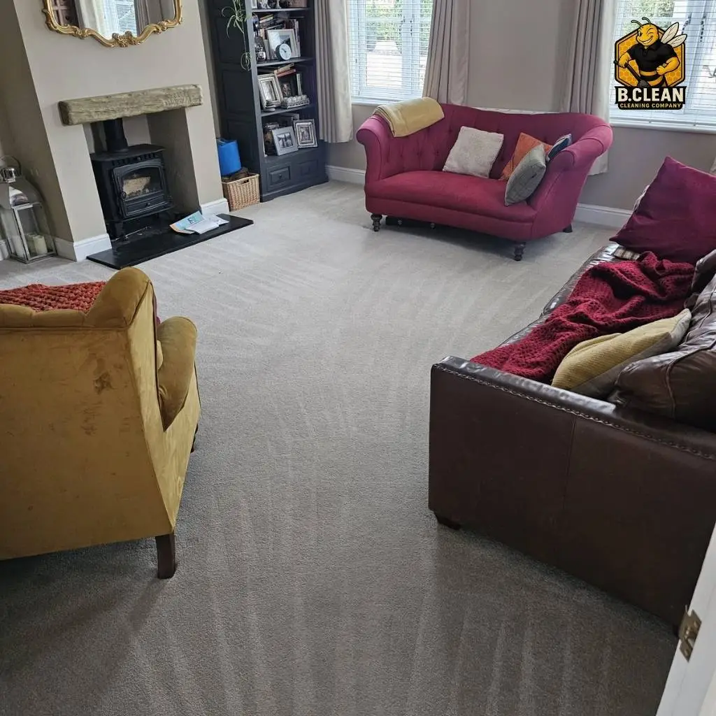 Brennan Budden from Channel 5 Filthy House SOS showing finished beautifully clean living room carpet in furnished room. Highlighting effectiveness of carpet cleaning in Kent by B Clean Cleaning.