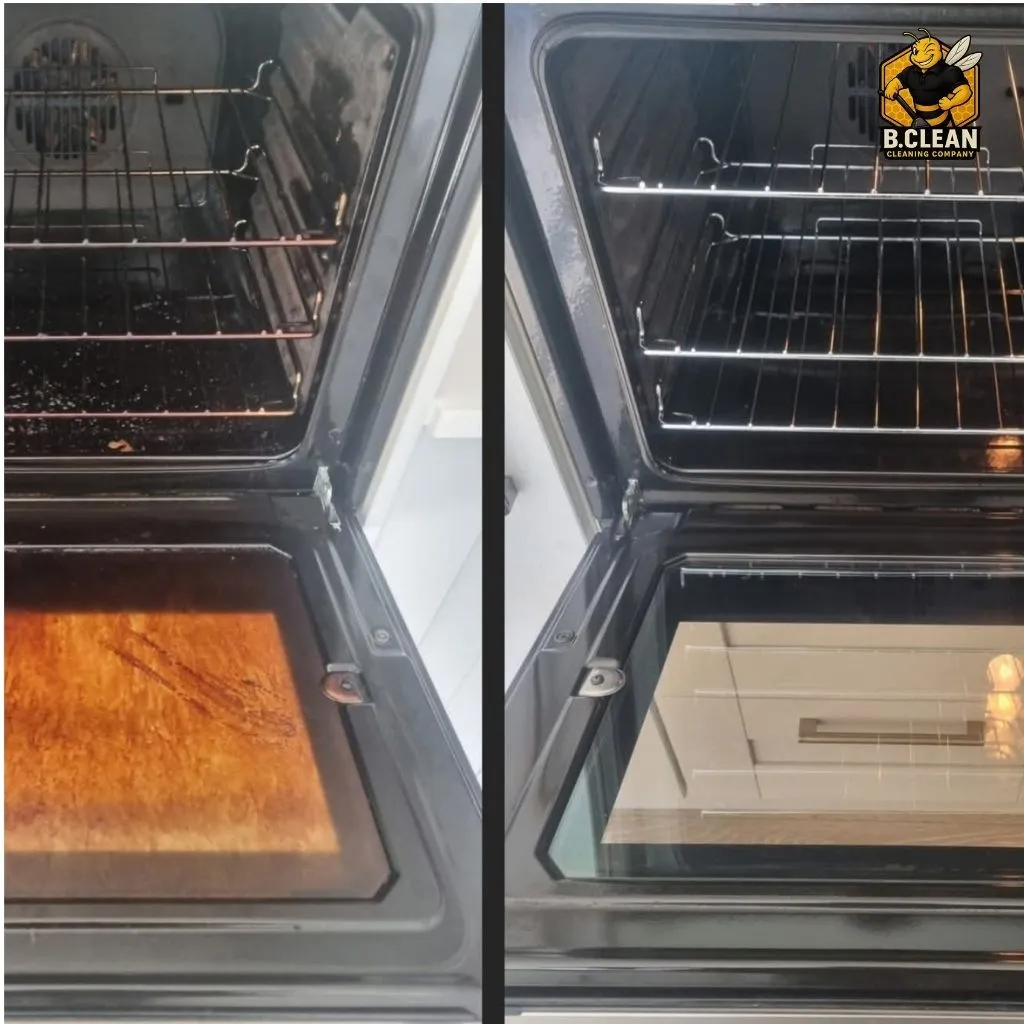 B Clean Cleaning showing before and after images of a highly stained oven door with carbon build up against the after image showing a pristine clean finish having been cleaned by Brennan Budden of Channel 5's Filthy House SOS