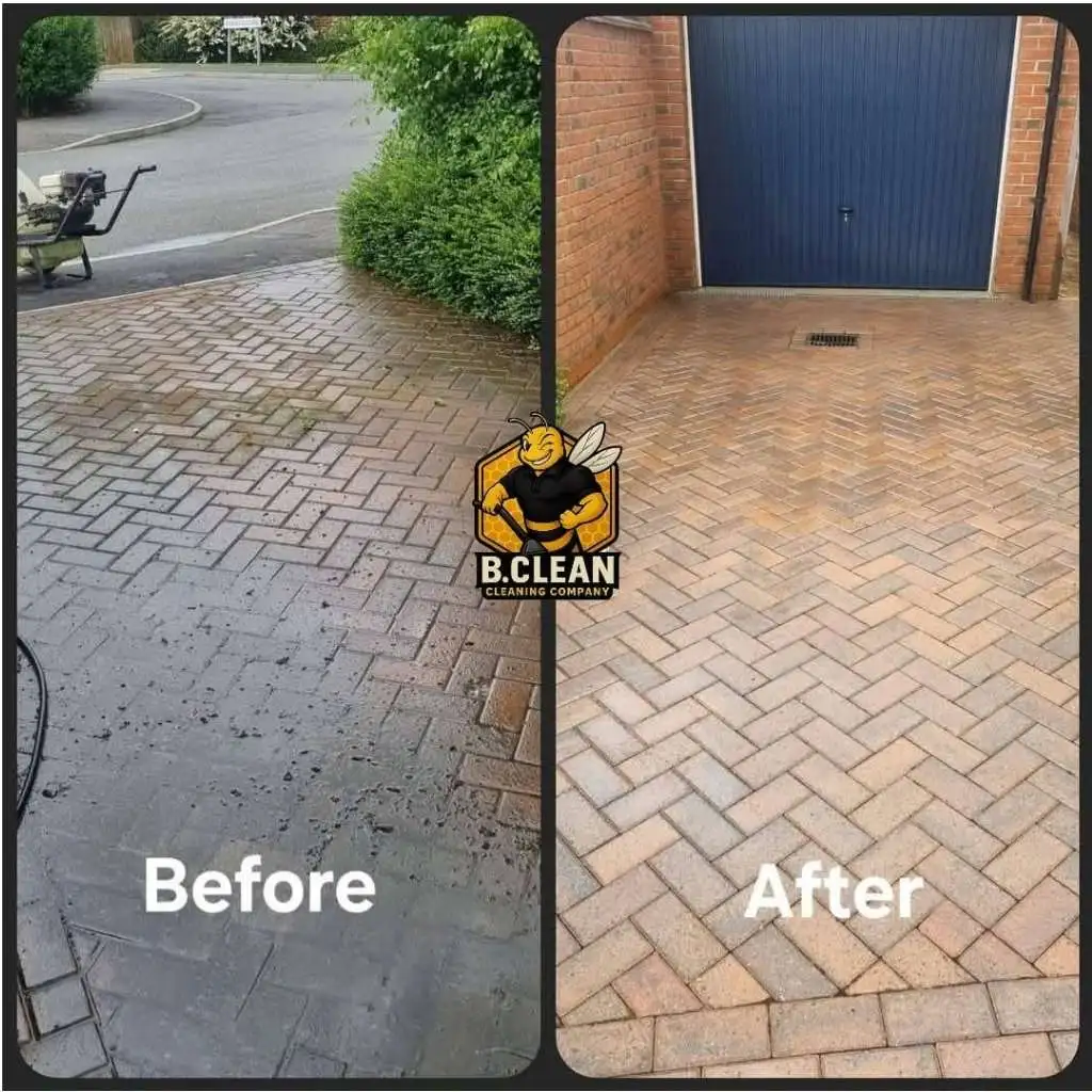Channel 5s Brennan Budden of Filthy House SOS highlighting before and after clean of red brick driveway showing black grime before to as new brick, after. As part of patio cleaning in Kent by B Clean Cleaning