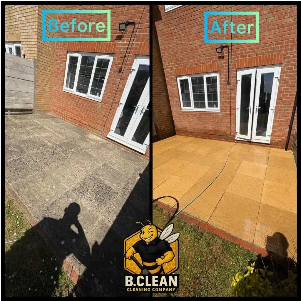 Channel 5s Brennan Budden of Filthy House SOS highlighting before and after clean of sandstone patio tiles showing black grime before to as new sandstone after. As part of patio cleaning in Kent by B Clean Cleaning