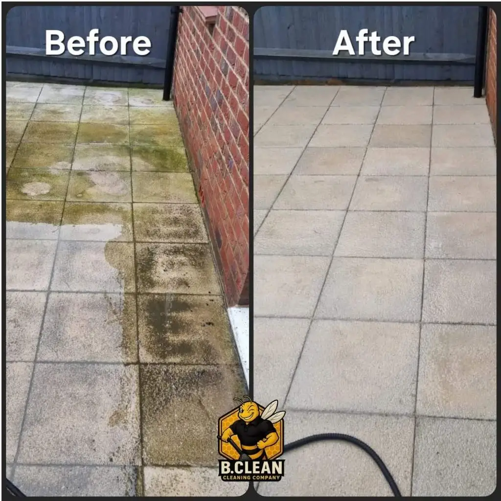 Channel 5s Brennan Budden of Filthy House SOS highlighting before and after clean of cream patio tiles showing heavy algae staining to as new cream tiles, after. As part of patio cleaning in Kent by B Clean Cleaning